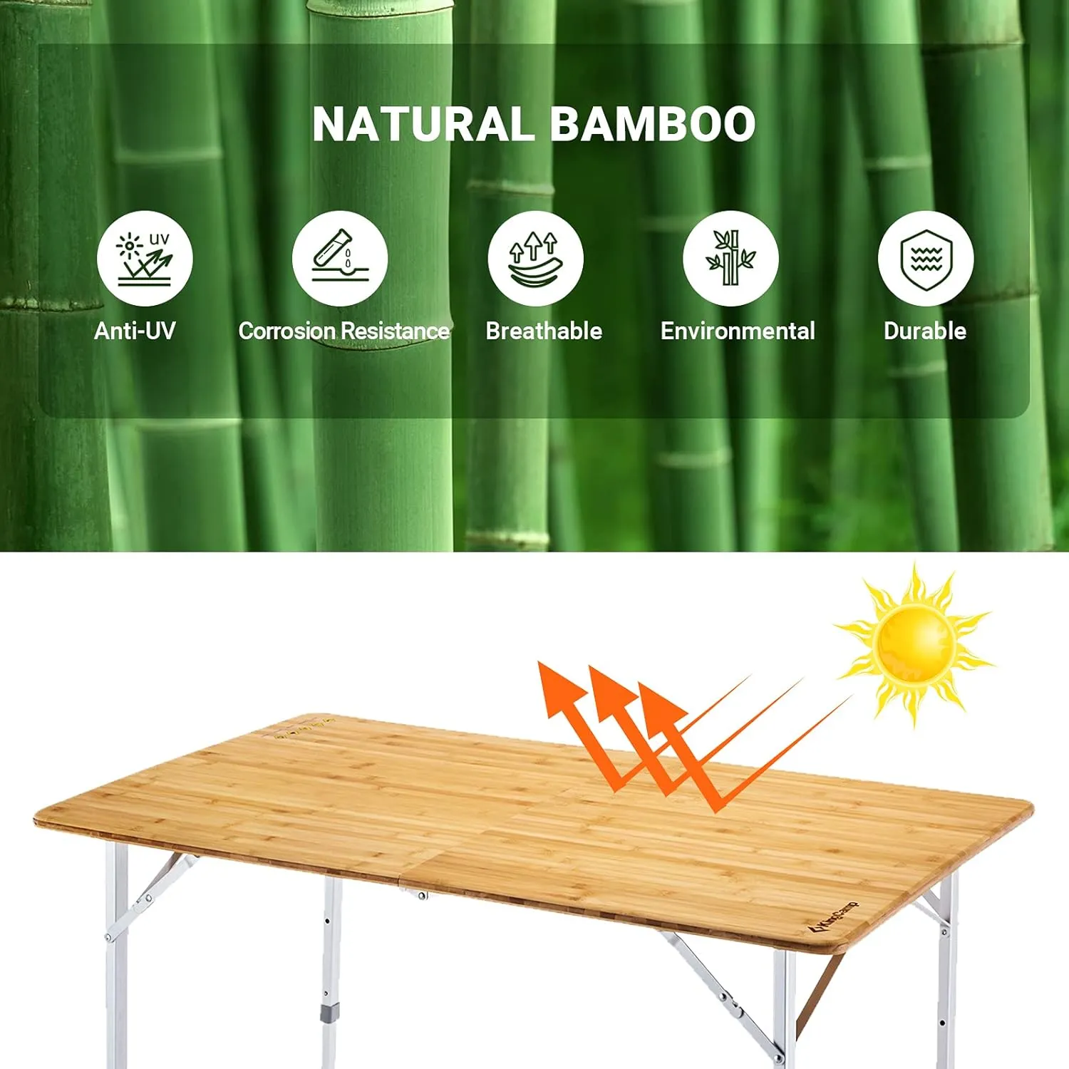 KingCamp Bamboo Folding Table Camping Table with Adjustable Height Aluminum Legs Heavy Duty 176 lbs 2-Folds Portable Camp Tables for Travel, Picnic, Beach, 6 People