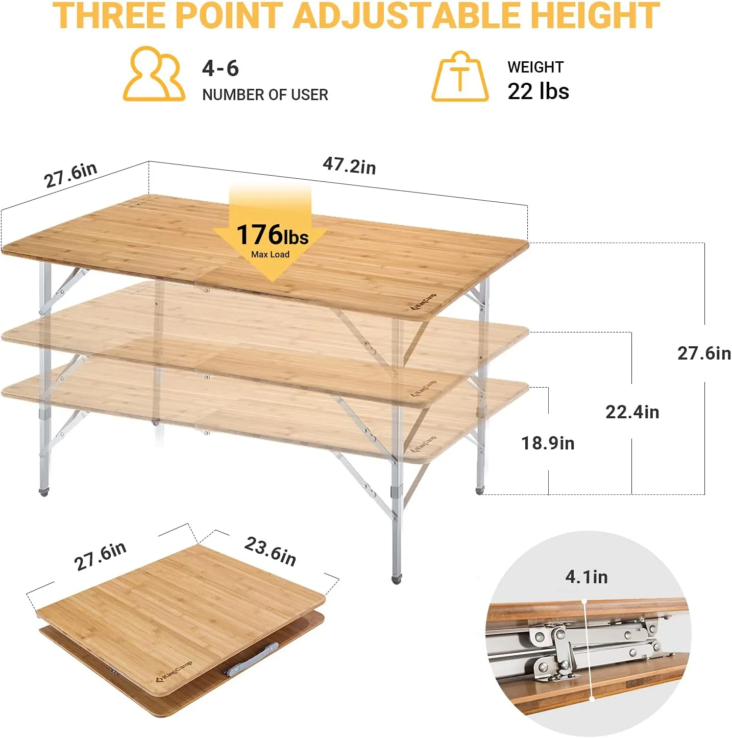 KingCamp Bamboo Folding Table Camping Table with Adjustable Height Aluminum Legs Heavy Duty 176 lbs 2-Folds Portable Camp Tables for Travel, Picnic, Beach, 6 People