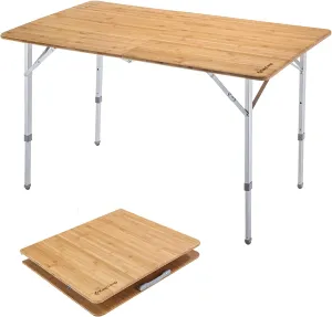 KingCamp Bamboo Folding Table Camping Table with Adjustable Height Aluminum Legs Heavy Duty 176 lbs 2-Folds Portable Camp Tables for Travel, Picnic, Beach, 6 People