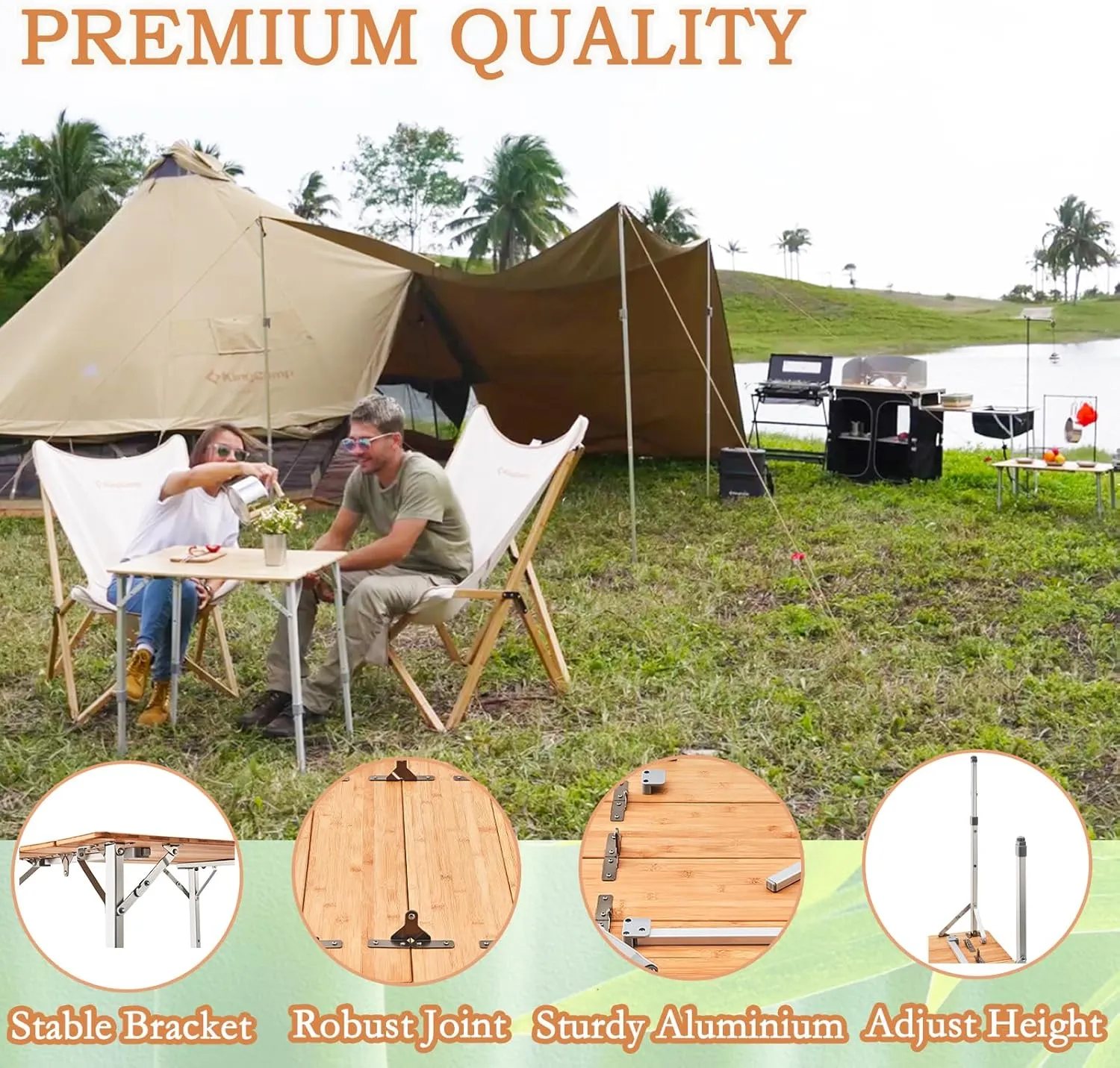 KingCamp Bamboo Folding Table Environmental Camping Table with Adjustable Height Aluminum Legs Heavy Duty 4-Folds Portable Camp Tables for Travel, Picnic, Party, Beach, 1-2 People