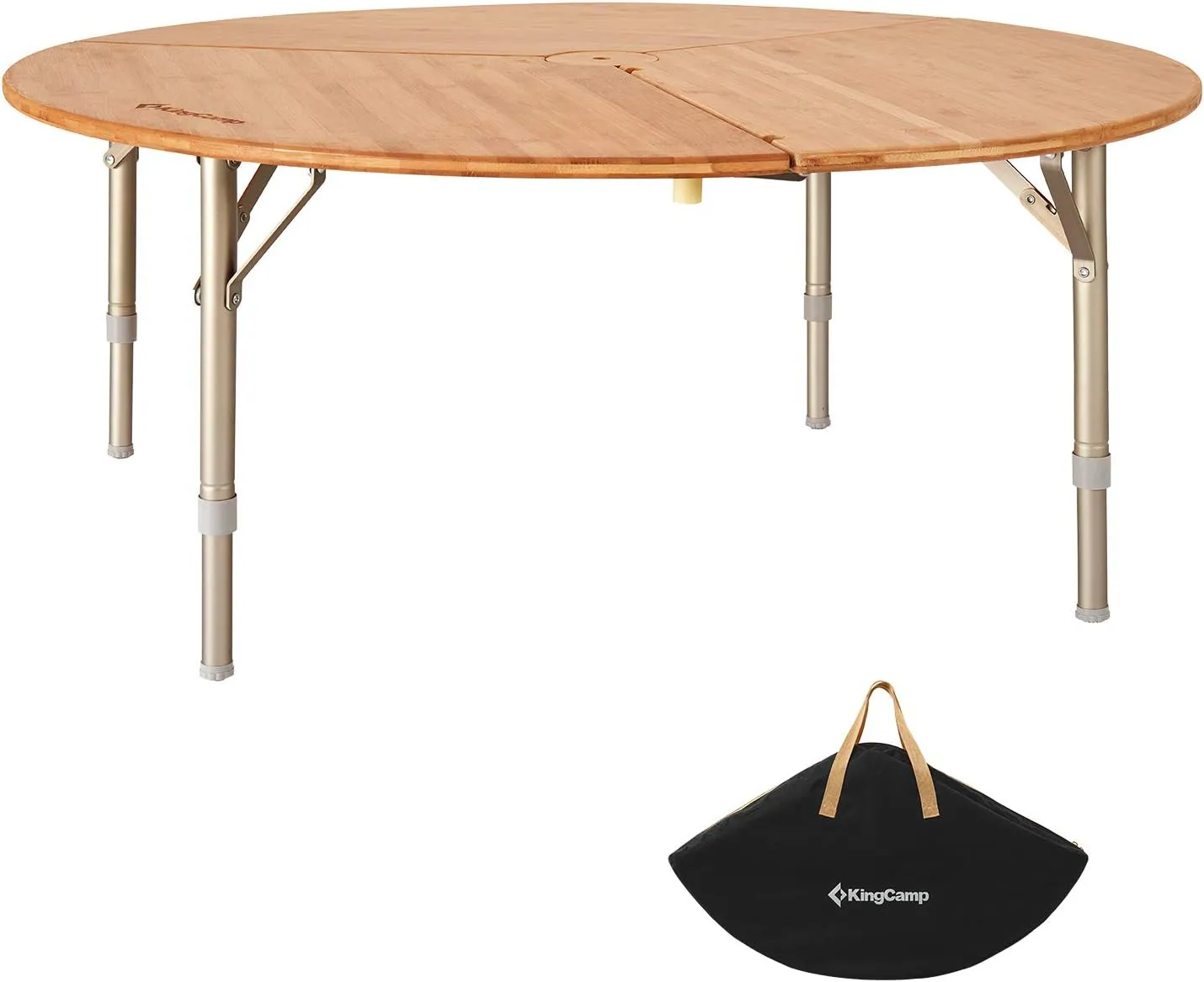 KingCamp Bamboo Round Folding Table Camping Table for Teepee Bell Tent 3 Fold Portable Camp Table with Heavy Duty Adjustable Height Aluminum Leg for Camping Picnic Indoor & Outdoor Card Game Dinning