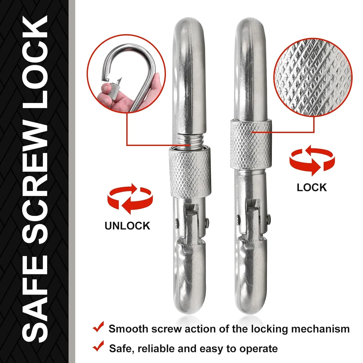 KINLINK 2 Pack Screw Locking Carabiner - 7.00 inch Heavy Duty Carabiner Clips, 304 Stainless Steel Large Caribiner for Camping, Swing, Hammock, Hiking, Weight Lifting Machine, Home Gym Equipment