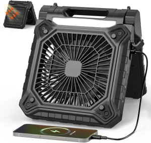 KITWLEMEN 10 Inch Solar Camping Fan with Light- Rechargeable Battery Operated Fan, 19H Run Time, 3 Speed, 6H Timer, SOS Signal, Portable Desk Fan for Camping Fishing RV Trips Hurricane Power Outage