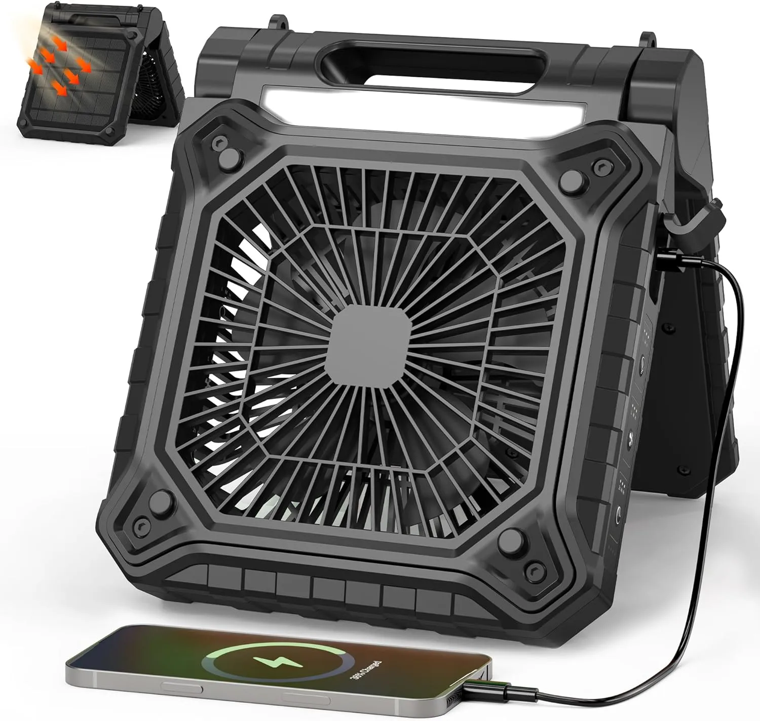 KITWLEMEN 10 Inch Solar Camping Fan with Light- Rechargeable Battery Operated Fan, 19H Run Time, 3 Speed, 6H Timer, SOS Signal, Portable Desk Fan for Camping Fishing RV Trips Hurricane Power Outage