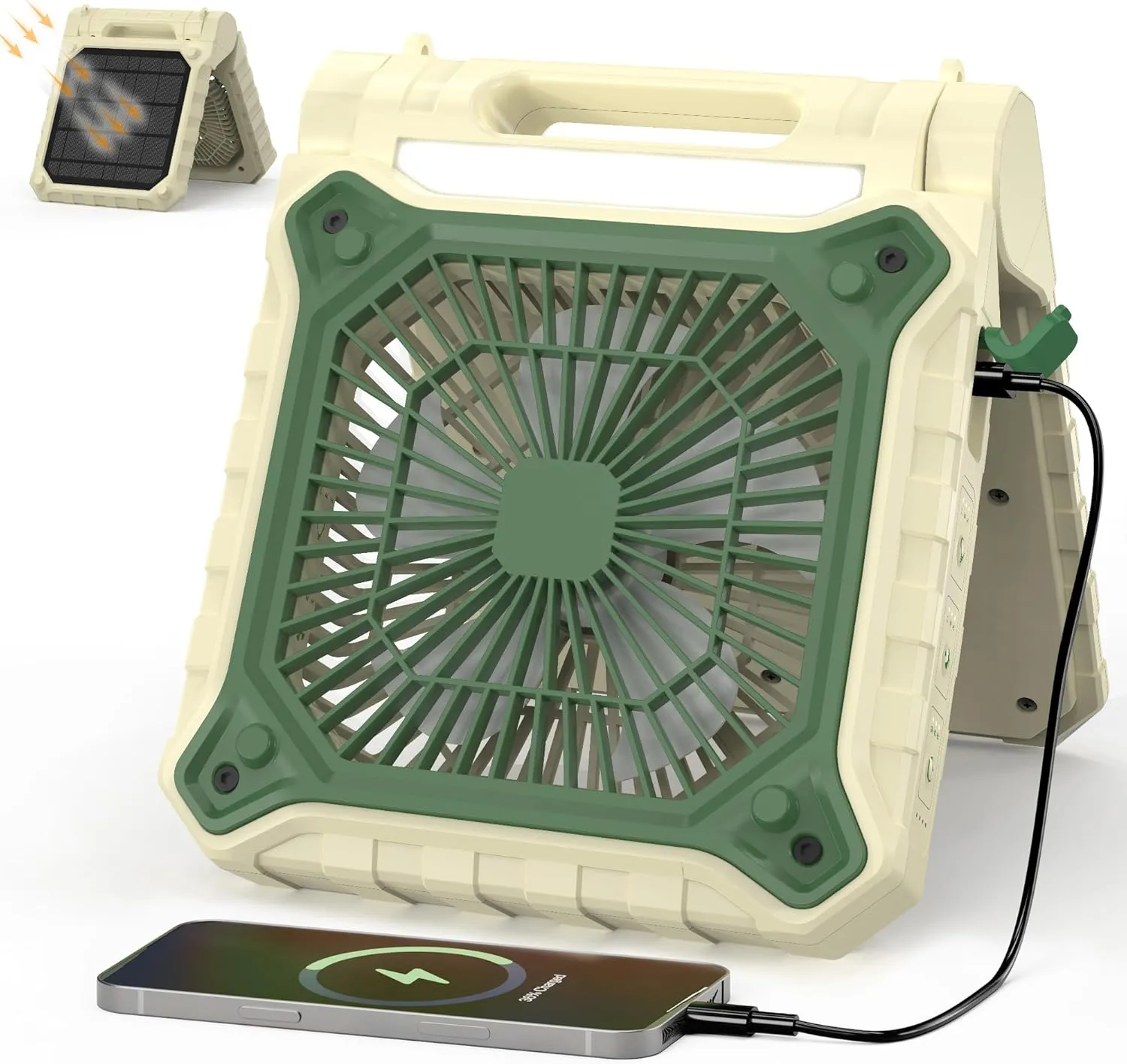 KITWLEMEN 10.2 Inch Solar Camping Fan with Light- Rechargeable Battery Operated Fan, 38H Run Time, 3 Speed, 6H Timer, SOS Signal, Portable Desk Fan for Camping Fishing RV Trips Hurricane Power Outage