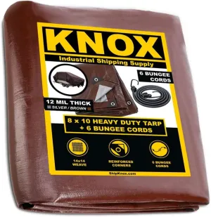 Knox Brand - 12 Mil Plastic Tarp, Heavy Duty, Silver/Brown, Bungees Included, Reinforced Corners, Aluminim Eyelets, UV Coated (8 X 10)