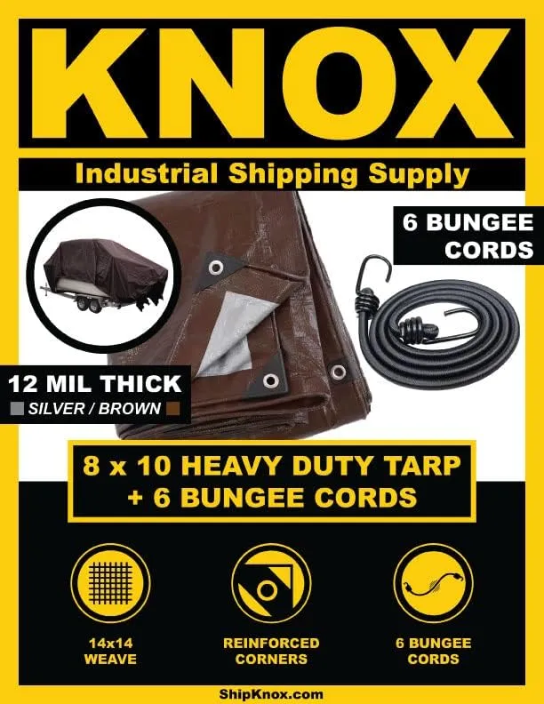 Knox Brand - 12 Mil Plastic Tarp, Heavy Duty, Silver/Brown, Bungees Included, Reinforced Corners, Aluminim Eyelets, UV Coated (8 X 10)