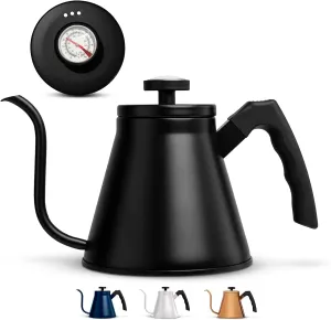 Kook Gooseneck Kettle, Kettle Stovetop, with Thermometer, Tea Pot, for Pour Over Coffee & Tea, Temperature Gauge, Electric, Compatible for Gas Stovetop, 3 Ply Stainless Steel Base, 27 oz, (Black)