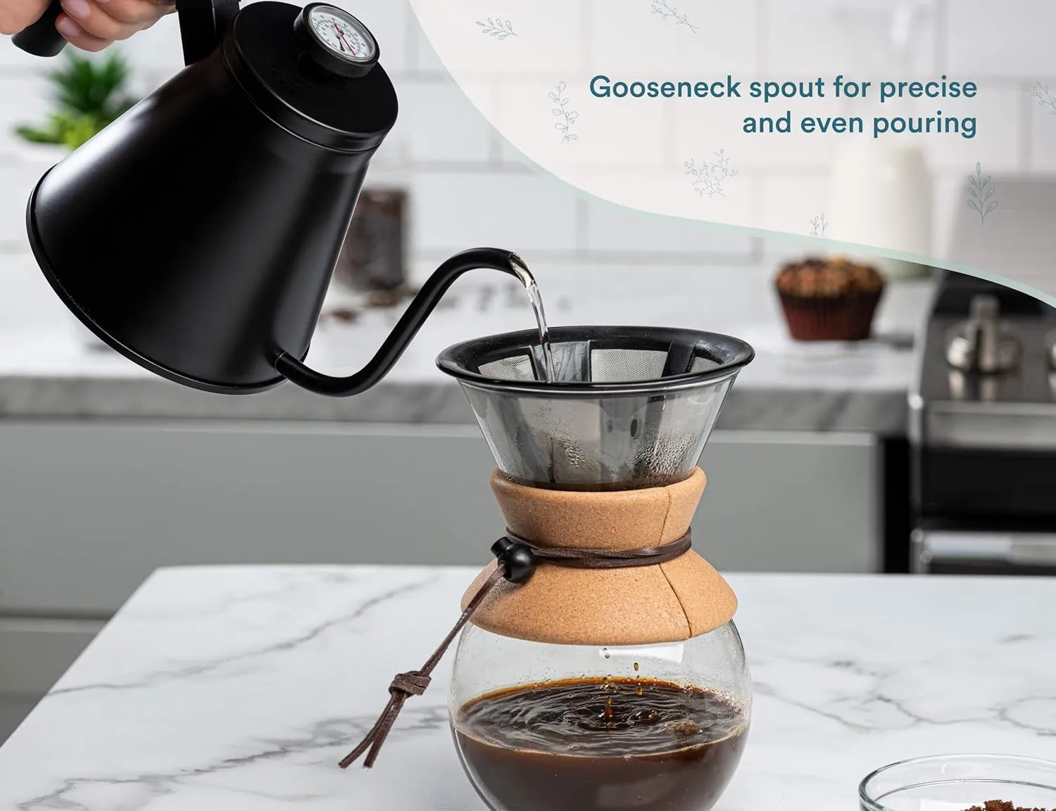 Kook Gooseneck Kettle, Kettle Stovetop, with Thermometer, Tea Pot, for Pour Over Coffee & Tea, Temperature Gauge, Electric, Compatible for Gas Stovetop, 3 Ply Stainless Steel Base, 27 oz, (Black)