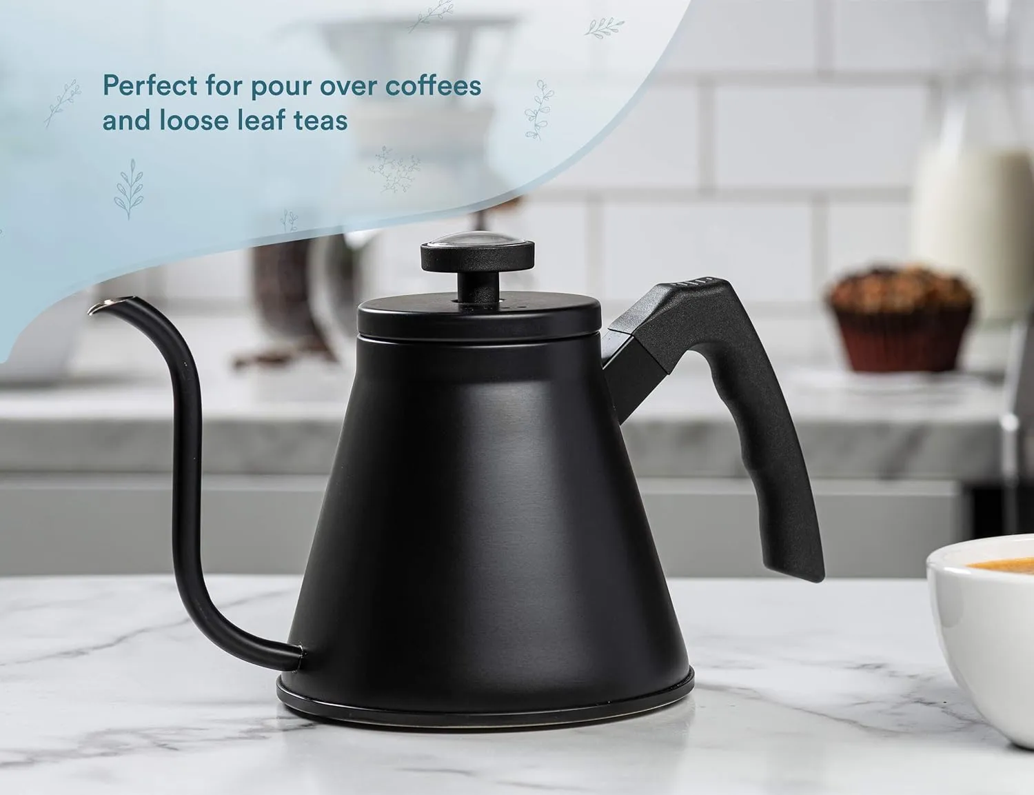 Kook Gooseneck Kettle, Kettle Stovetop, with Thermometer, Tea Pot, for Pour Over Coffee & Tea, Temperature Gauge, Electric, Compatible for Gas Stovetop, 3 Ply Stainless Steel Base, 27 oz, (Black)
