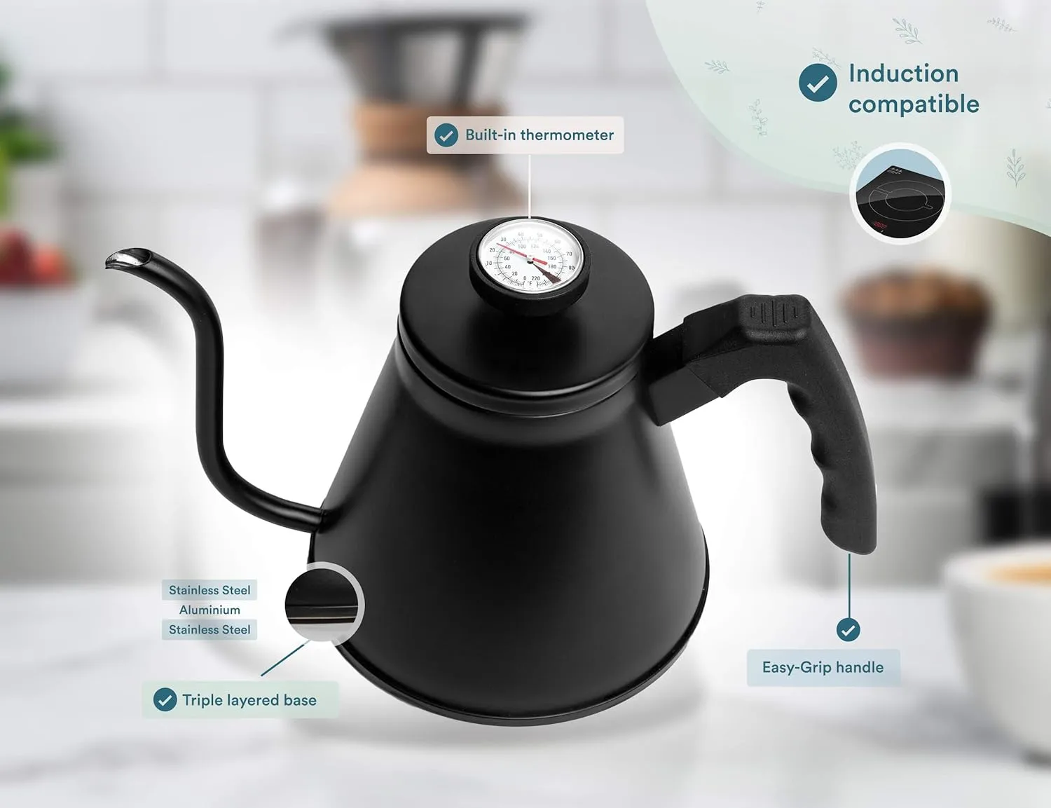 Kook Gooseneck Kettle, Kettle Stovetop, with Thermometer, Tea Pot, for Pour Over Coffee & Tea, Temperature Gauge, Electric, Compatible for Gas Stovetop, 3 Ply Stainless Steel Base, 27 oz, (Black)