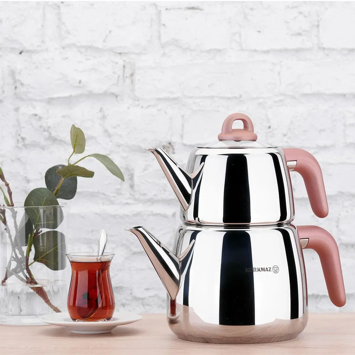 Korkmaz Bella A045-01 Rose Gold Turkish Teapot Set for Stovetop, 1.05 qt and 2.11 qt