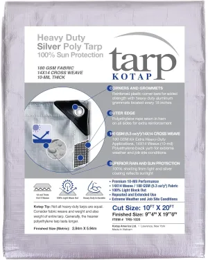 Kotap 10-ft x 20-ft Heavy-Duty 14 by 14 Cross Weave Sun Blocking 10-mil Silver Poly Tarp, Item: TRS-1020