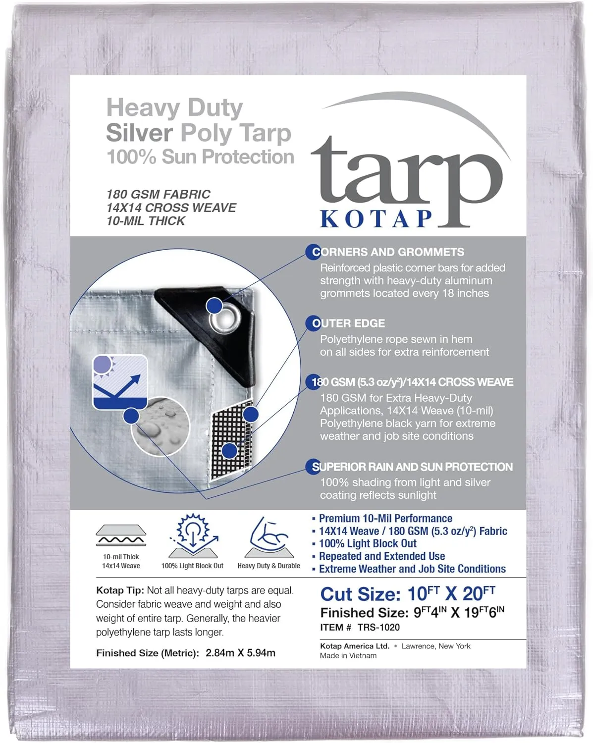 Kotap 10-ft x 20-ft Heavy-Duty 14 by 14 Cross Weave Sun Blocking 10-mil Silver Poly Tarp, Item: TRS-1020