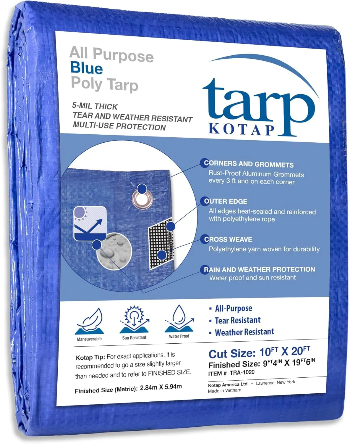 Kotap 10 x 20 Ft. All-Purpose Multi-Use Protection/Coverage 5-mil Poly Tarp, Waterproof, Blue, (TRA-1020)