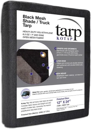 Kotap 12-ft x 24-ft Heavy-Duty 6.5 Oz Black Mesh Shade/Truck Tarp, Item: MESH-1224