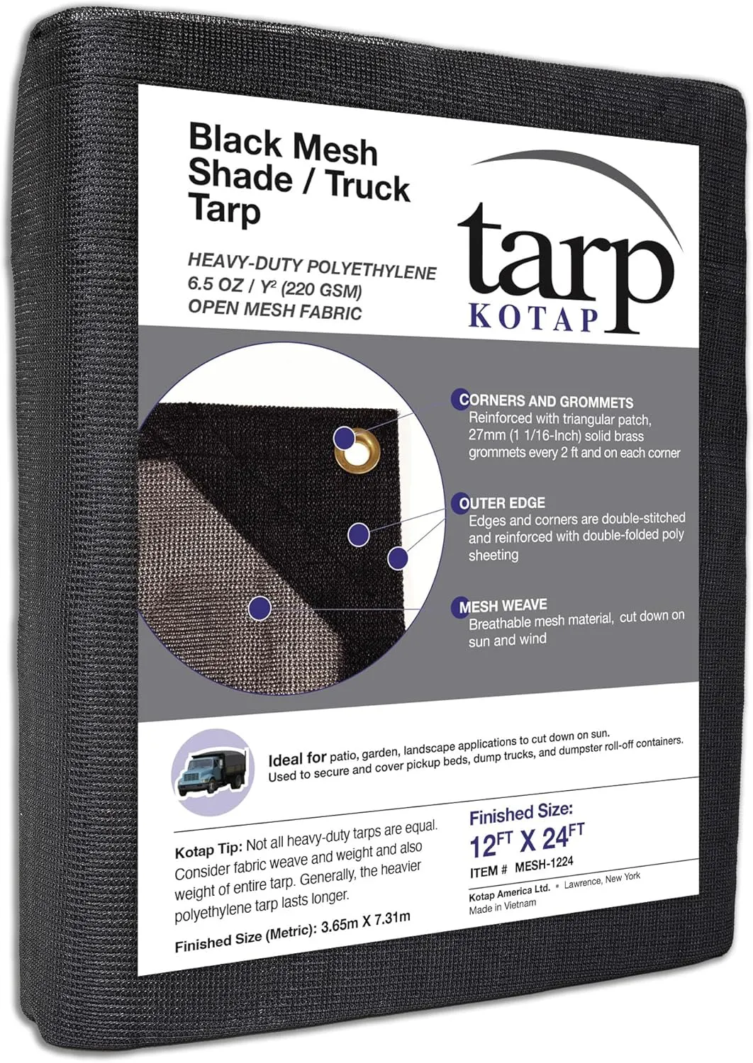 Kotap 12-ft x 24-ft Heavy-Duty 6.5 Oz Black Mesh Shade/Truck Tarp, Item: MESH-1224