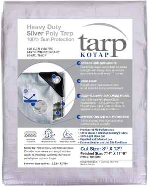 Kotap 8 x 12 Ft. Heavy-Duty Protection/Coverage Tarp, Superior Weave for Greater Longevity, 10-mil Multi-Use, Waterproof, TRS-0812, Silver (1-Pack)