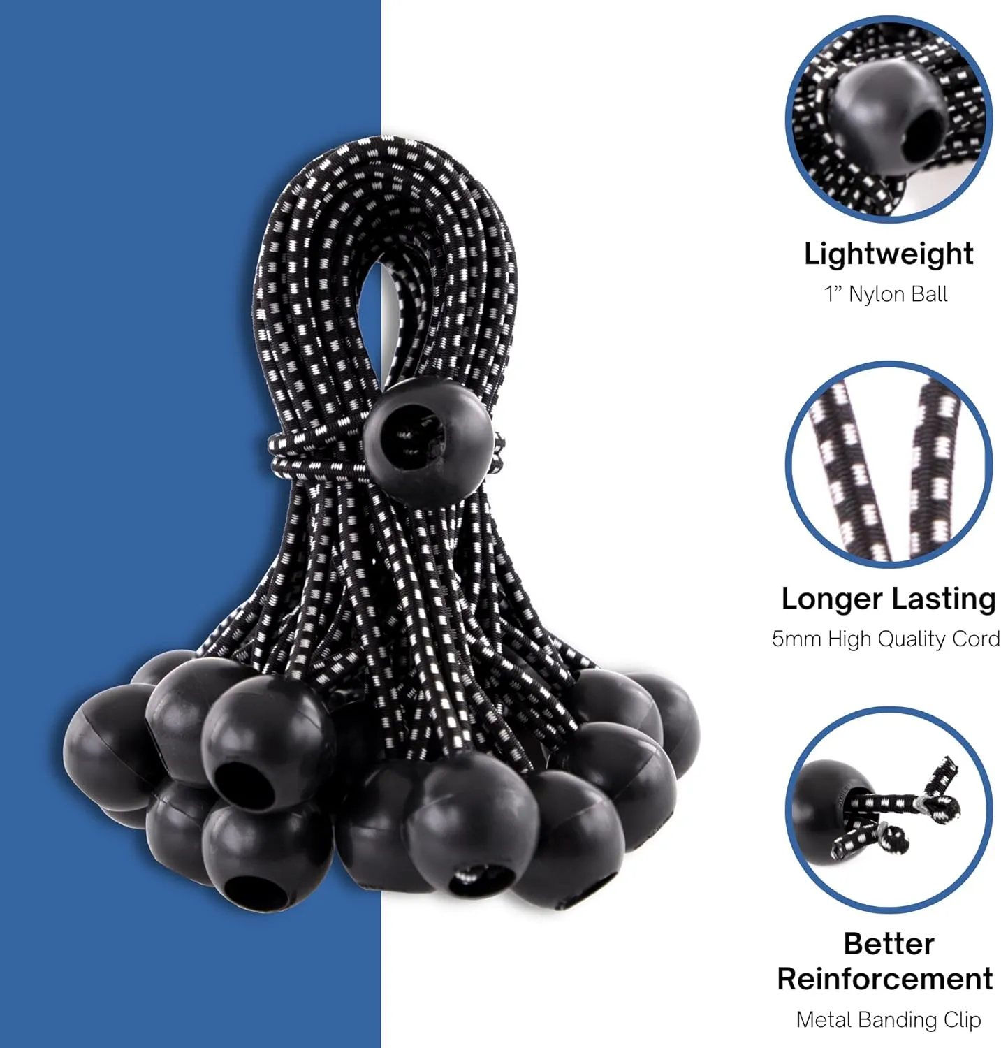 Kotap BB-6B Ball Bungee Cord, Heavy-Duty & Versatile, Indoor & Outdoor, Tarp Tie-Down, Organize & Secure, 6-Inch, Black, 25 Pack