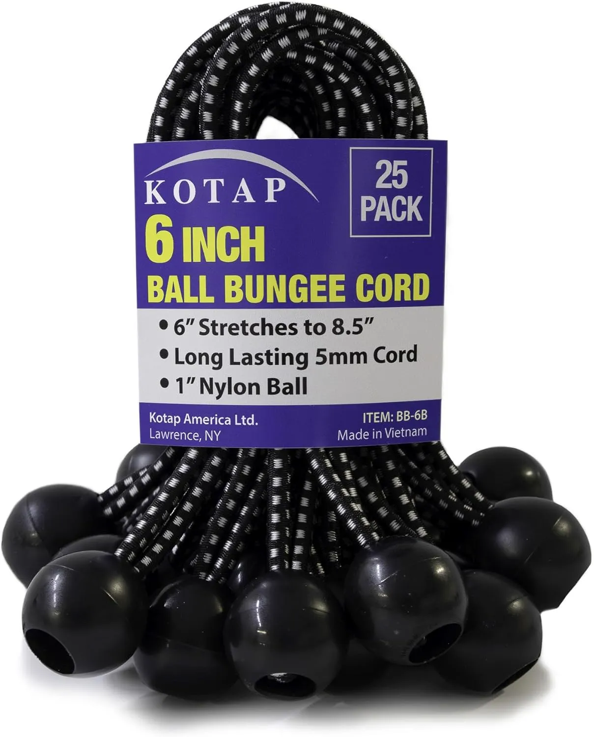 Kotap BB-6B Ball Bungee Cord, Heavy-Duty & Versatile, Indoor & Outdoor, Tarp Tie-Down, Organize & Secure, 6-Inch, Black, 25 Pack