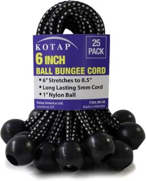 Kotap BB-6B Ball Bungee Cord, Heavy-Duty & Versatile, Indoor & Outdoor, Tarp Tie-Down, Organize & Secure, 6-Inch, Black, 25 Pack