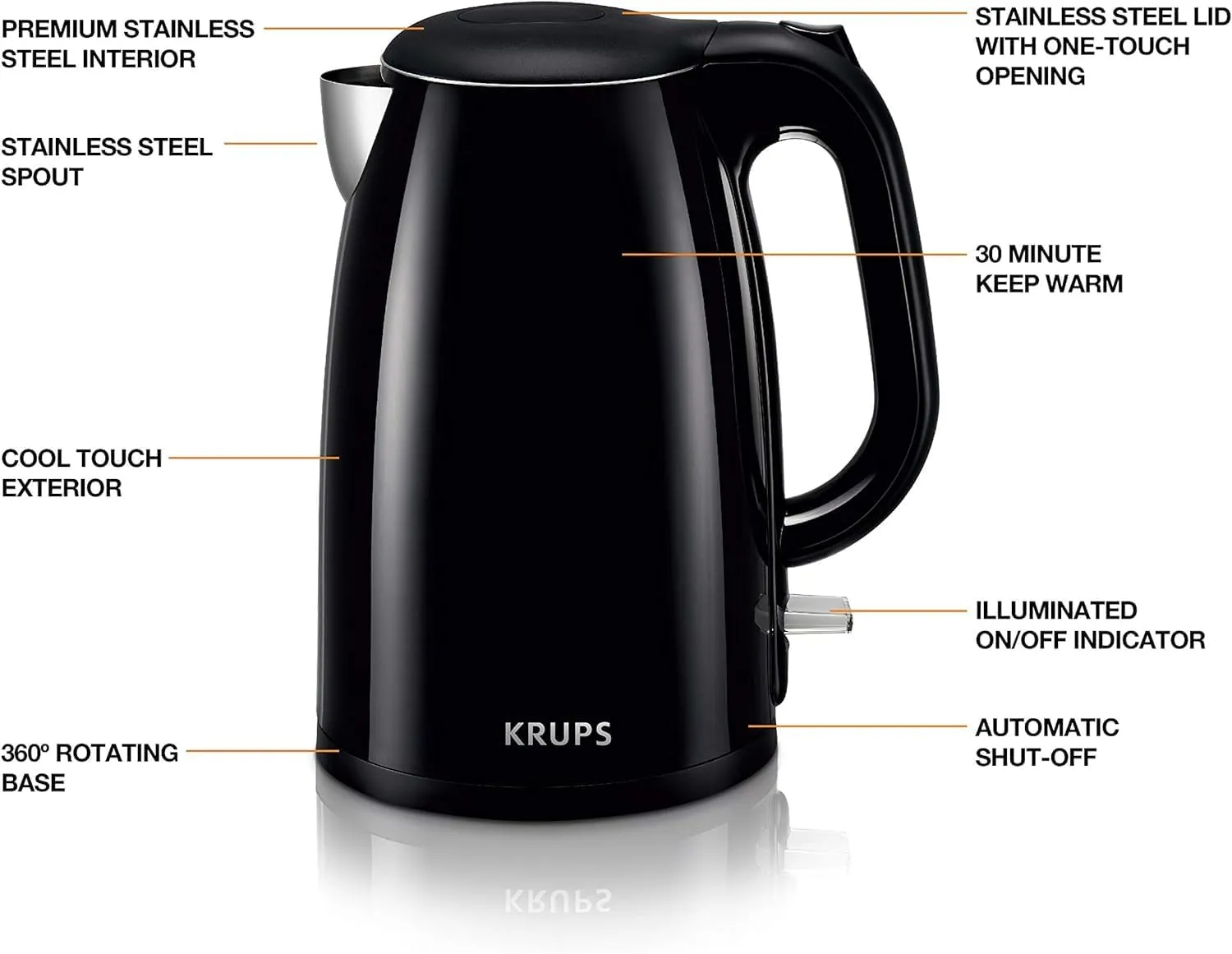 KRUPS: 1.5L Electric Kettle, Cool Touch Stainless Steel Interior, 1500 Watt, Fast Boiling, one cup in 80 seconds, Double Wall, Fast Boiling, Auto Off, Keep Warm, Cordless Black