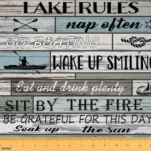 Lake House Fabric by The Yard Cabin Rustic Lake Upholstery Fabric for Chairs, Lake Rules Decor Retro Wooden Plank Decorative Waterproof Outdoor Fabric, 2 Yard