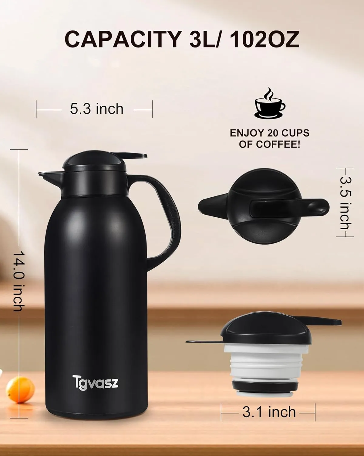Large and Heavy Thermal Coffee Carafe 102 oz,Fullness Water is 7.3 LB - 10-12 Hours Hot, Insulated Carafe for Hot Liquids, Coffee Carafes For Keeping Hot for Parties -Tea Carafe Flask(black)