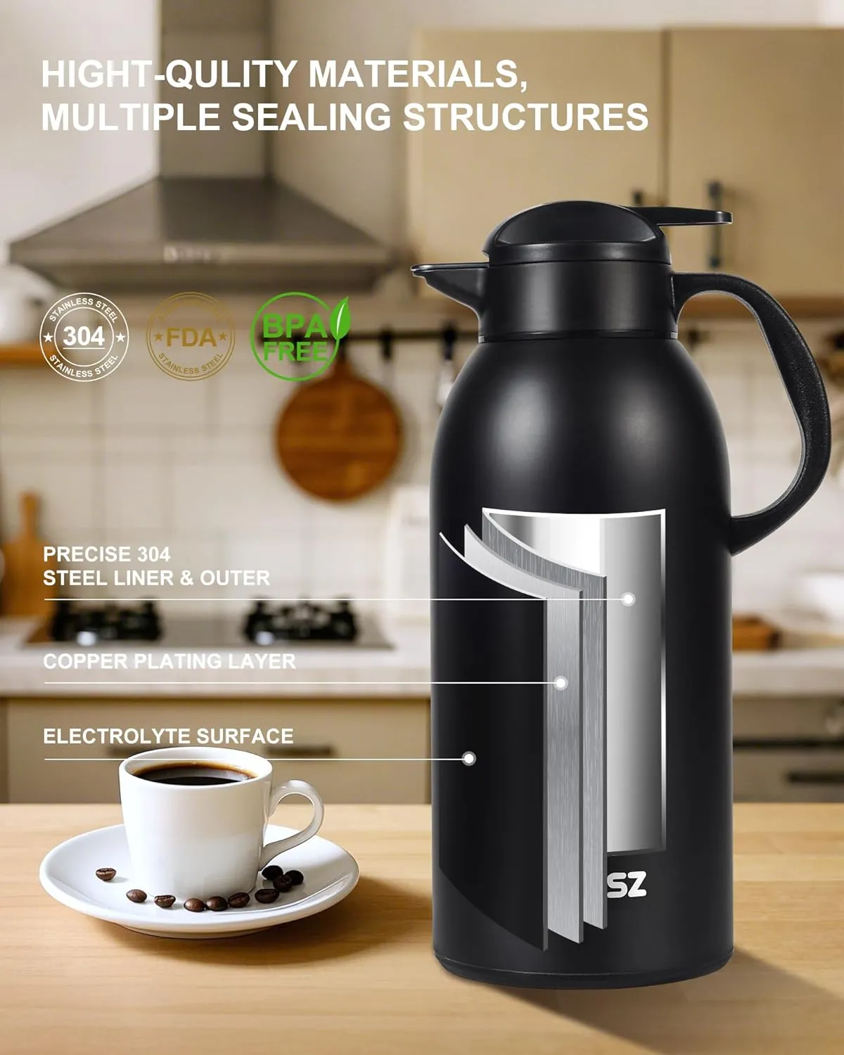 Large and Heavy Thermal Coffee Carafe 102 oz,Fullness Water is 7.3 LB - 10-12 Hours Hot, Insulated Carafe for Hot Liquids, Coffee Carafes For Keeping Hot for Parties -Tea Carafe Flask(black)