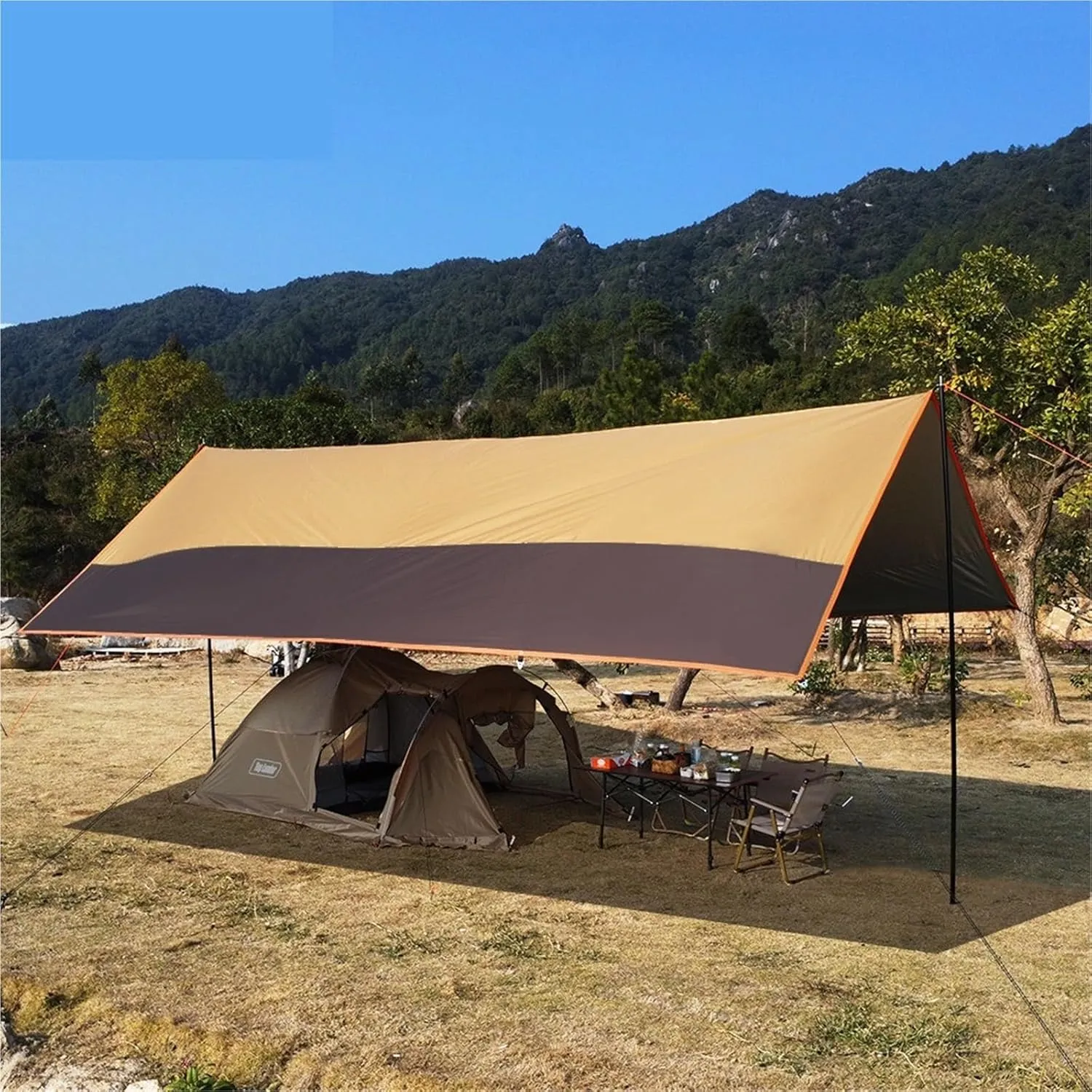 Large Camping Waterproof Tarp Oxford 4X6 Outdoor Canopy Sun Shelter Tent Tourist Awning Shade for Multiple People(Black with 2.8m Pole)