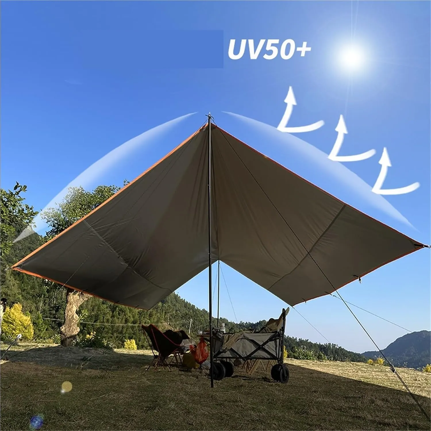 Large Camping Waterproof Tarp Oxford 4X6 Outdoor Canopy Sun Shelter Tent Tourist Awning Shade for Multiple People(Black with 2.8m Pole)