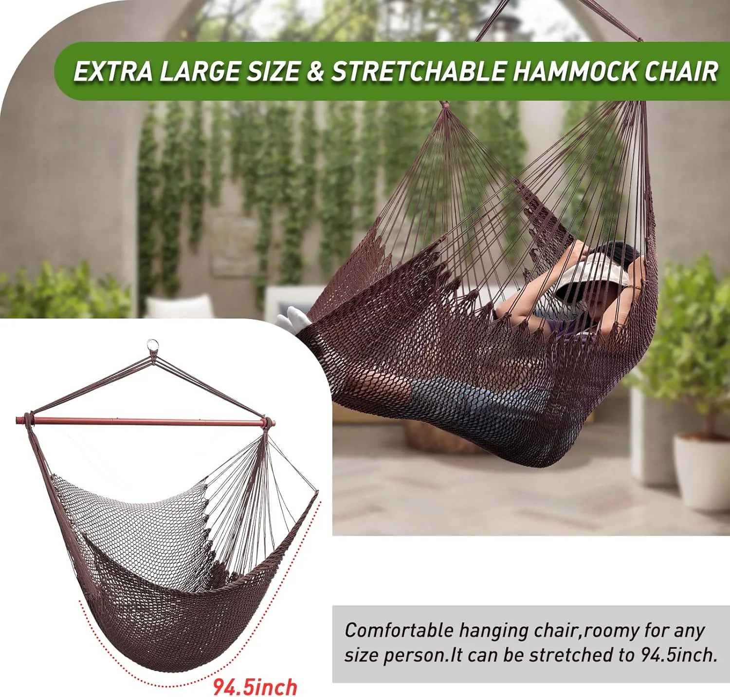 Large Hammock Chair,Caribbean Hammock Chair with Spreader Bar,Large Hammock Swing Chair,Rope Hanging Chair for Indoor/Outdoor/Backyard/Living Room, Max 300 LBS