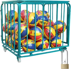 Large Metal Ball Cage, Foldable Basketball Storage Cart with Wheels/School Ball Basket for Garage School Outdoor, Lockable Sports Equipment Organizer Rack/Bin/Jars/Net (