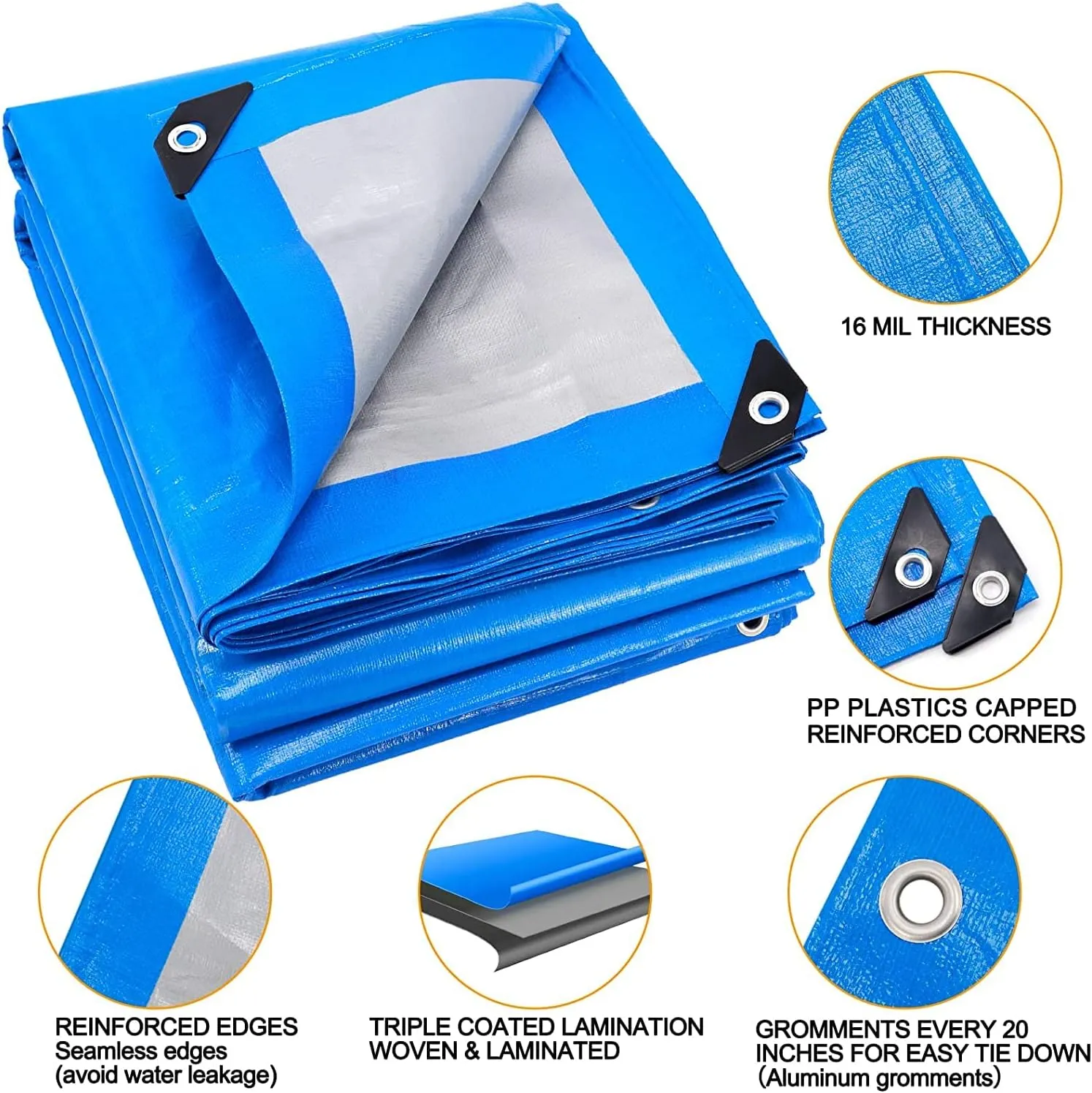Large Tarp, Tarps Heavy Duty Waterproof 20x40, Waterproof Plastic Poly 16 Mil Thick Tarpaulin with Metal Grommets Every 19.5 Inches - Emergency Rain Shelter, Outdoor Cover, and Camping Use