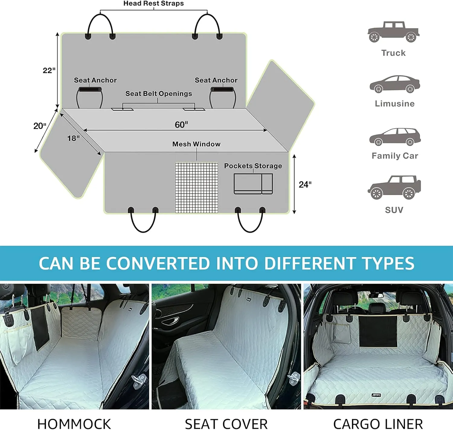 Lassie Truck Dog Car Seat Covers Back Seat, F150 F250 Waterproof Dog Car Hammock for Truck, Backseat Pet Cover for Car Compatible with Ram 1500,2500,Silverado Sierra Tundra