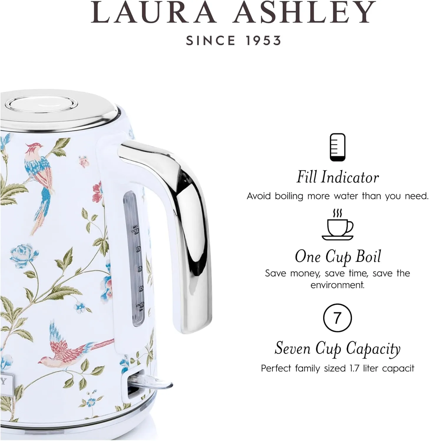 Laura Ashley Stainless Steel Electric Kettle 1.7 Liter - 1500W Rapid Boil Electric Kettles for Boiling Water - Electric Tea Kettles Automatic Shut Off - Overheat & Boil Dry Protection Jug Kettle