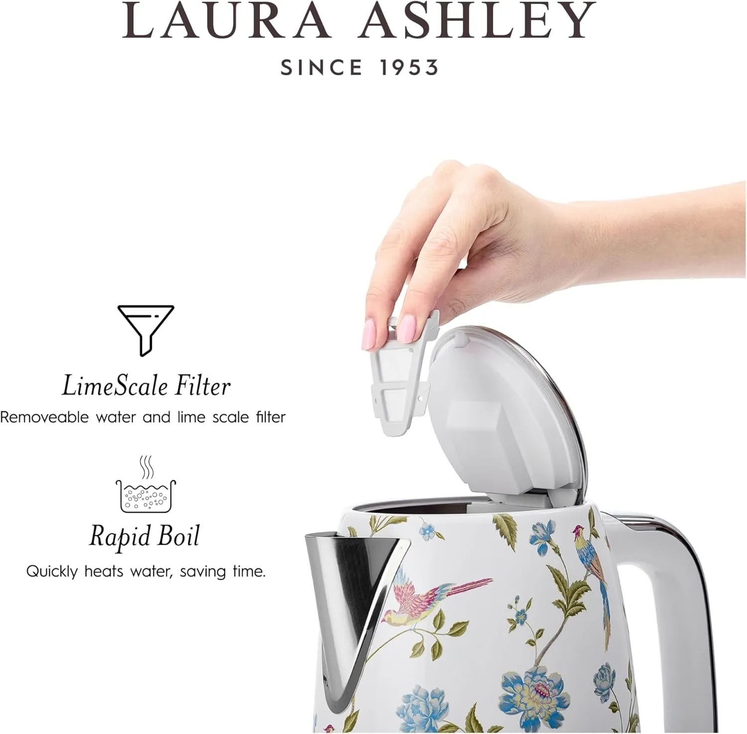 Laura Ashley Stainless Steel Electric Kettle 1.7 Liter - 1500W Rapid Boil Electric Kettles for Boiling Water - Electric Tea Kettles Automatic Shut Off - Overheat & Boil Dry Protection Jug Kettle