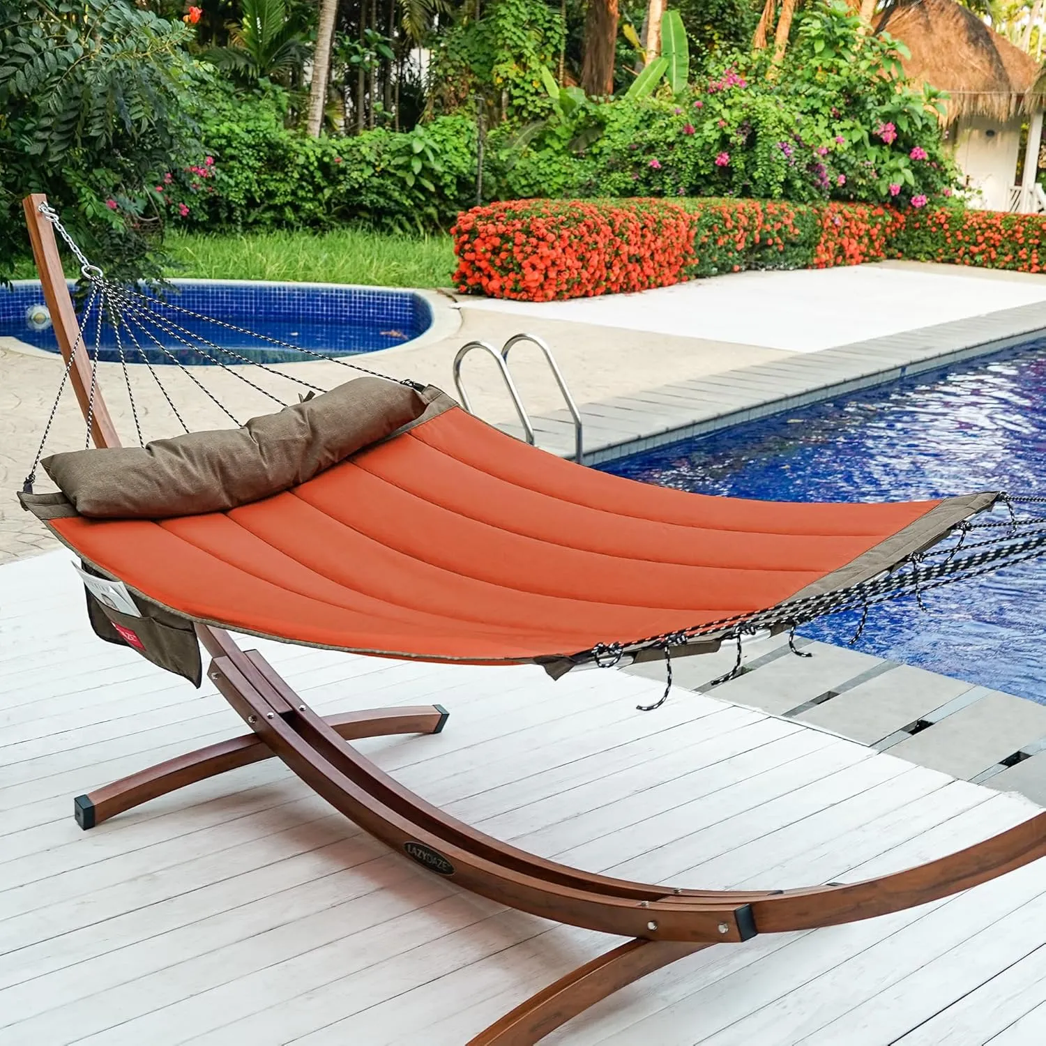 Lazy Daze Hammocks 12 FT Quilted Fabric Hammock with Curved Aluminium Spreader Bar, Outside Double Thickened Hammock with Soft Pillow, Side Pocket 450 Lbs Capacity for Patio, Poolside, Red