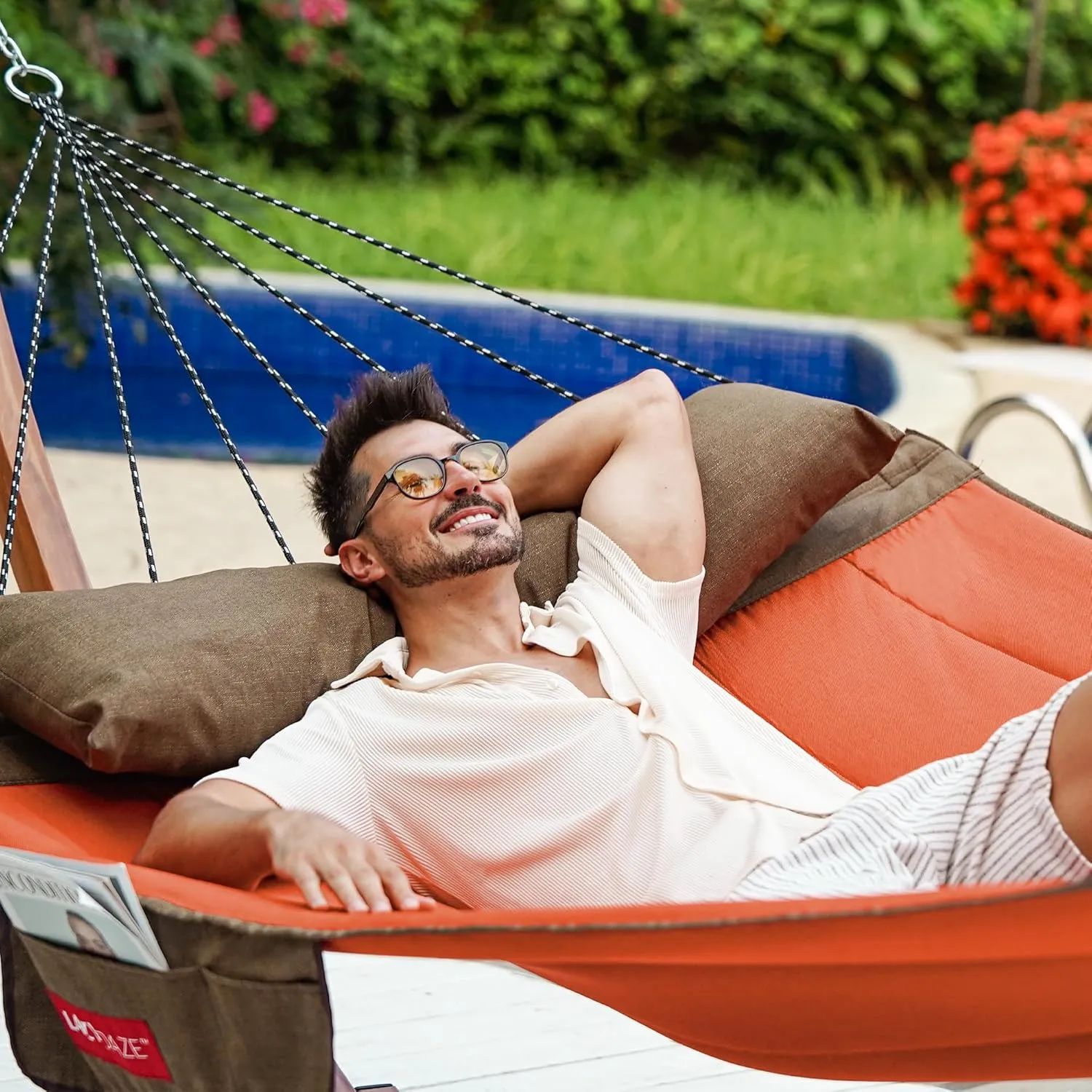 Lazy Daze Hammocks 12 FT Quilted Fabric Hammock with Curved Aluminium Spreader Bar, Outside Double Thickened Hammock with Soft Pillow, Side Pocket 450 Lbs Capacity for Patio, Poolside, Red