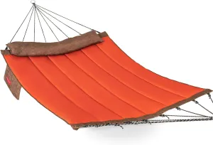 Lazy Daze Hammocks 12 FT Quilted Fabric Hammock with Curved Aluminium Spreader Bar, Outside Double Thickened Hammock with Soft Pillow, Side Pocket 450 Lbs Capacity for Patio, Poolside, Red