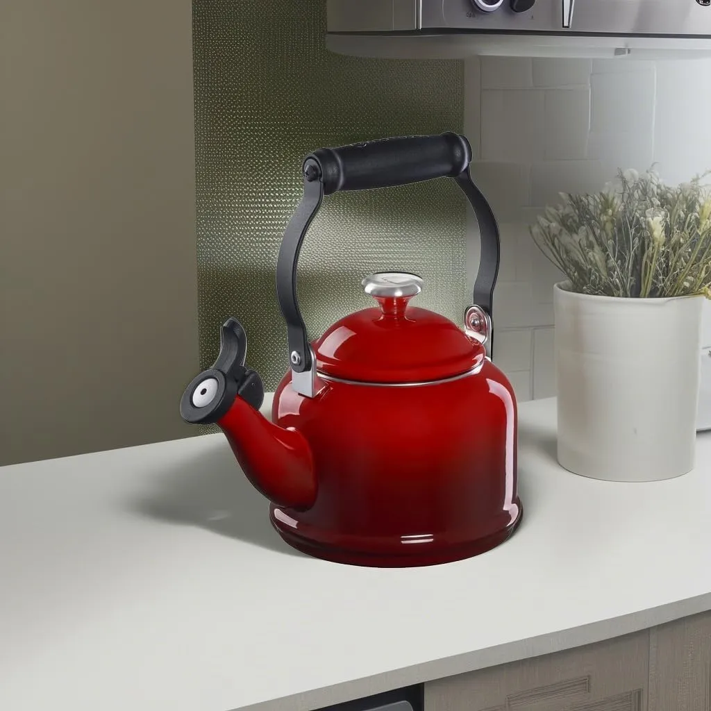 Le Creuset Enamel On Steel Demi Tea Kettle with Metal Finishes, 1.25 qt, Cerise