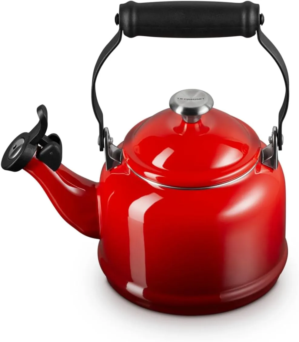 Le Creuset Enamel On Steel Demi Tea Kettle with Metal Finishes, 1.25 qt, Cerise