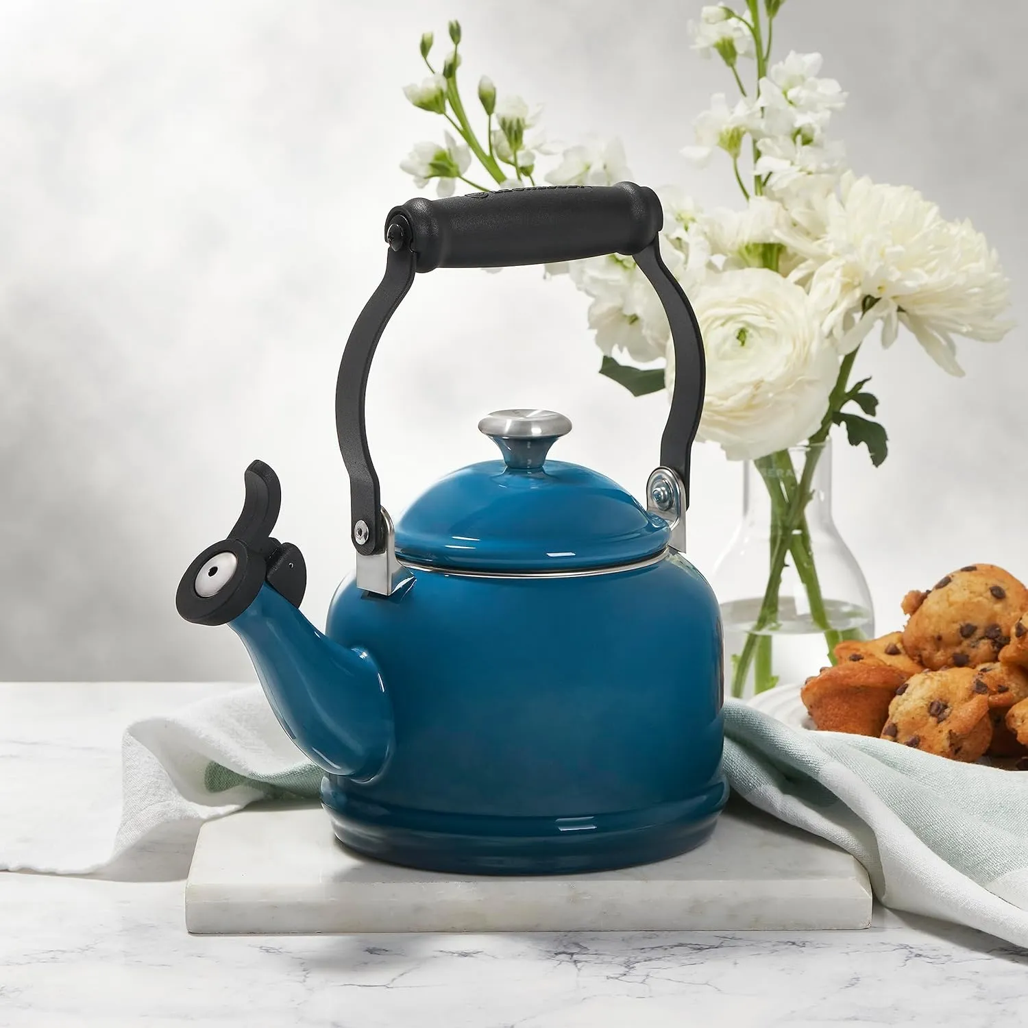 Le Creuset Enamel On Steel Demi Tea Kettle with Metal Finishes, 1.25 qt, Cerise