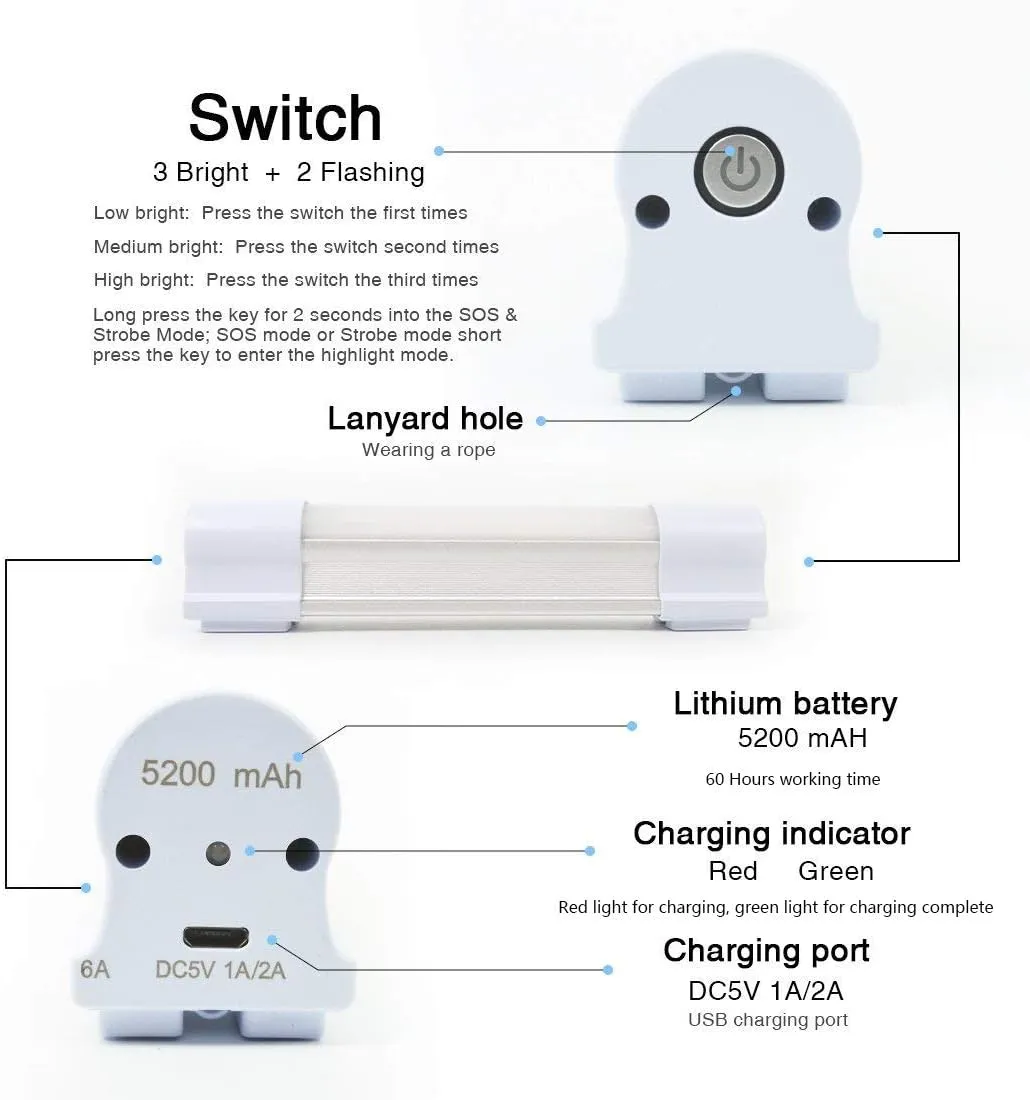 LETOUR Rechargeable Light LED Tube Magnetic Light 4000Lumens 5200mAh 5 Levels Dimming Camping Lantern USB Rechargeable Portable Lights with 2 Magnets Endurance for 60 Hours