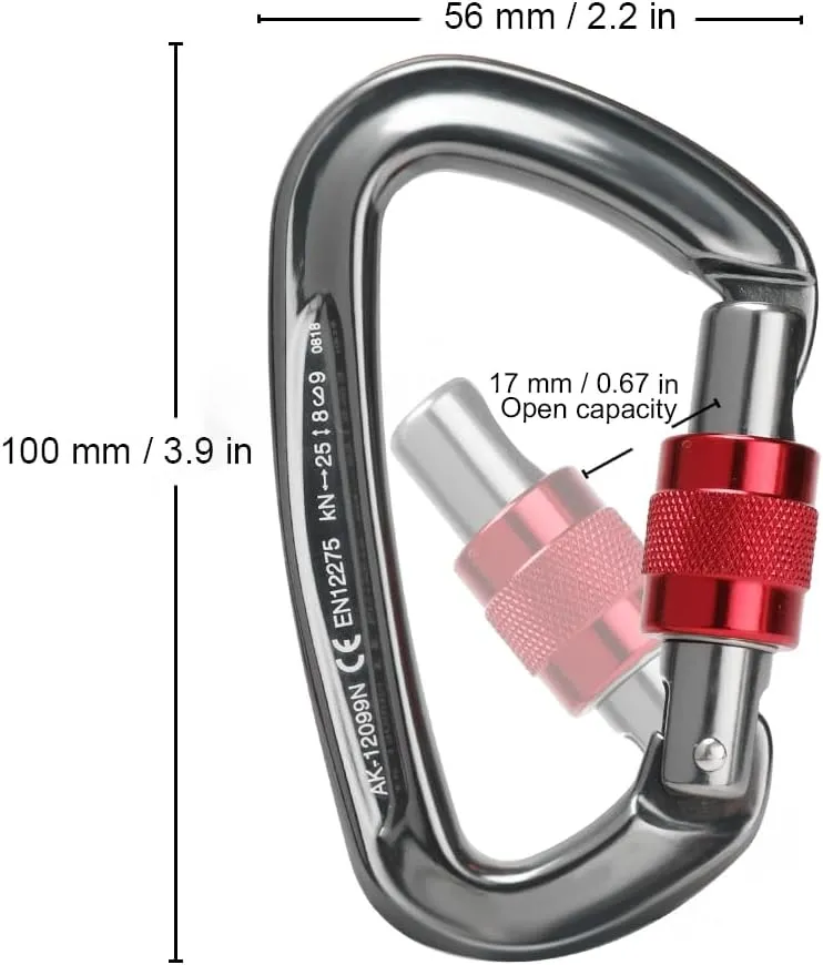 Locking Carabiner - 25kN 5600lb Climbing Carabiner Screw Gate D Shape Carabiner