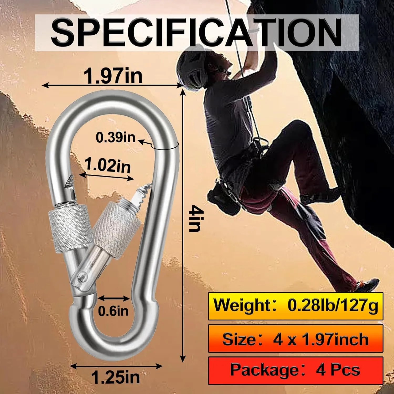 Locking Carabiner Clips, Stainless Steel Spring Snap Hook Locking Carabiner Heavy Duty - 304 Premium Stainless Steel Thumb Screw Carabiner Clip