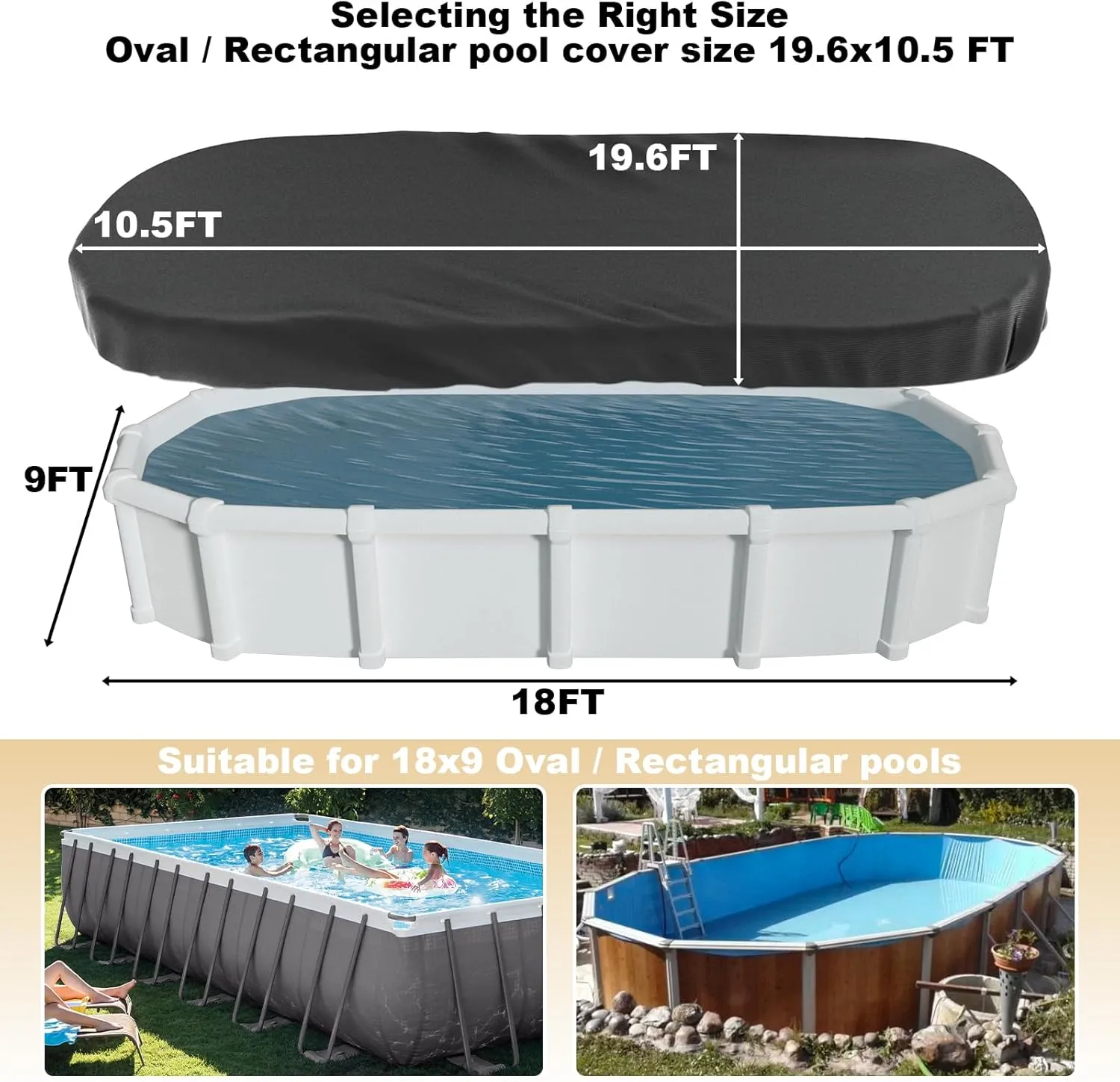 LXKCKJ Rectangular Pool Cover for above Ground Pools, Heavy Duty Winter Cover Ideal for Waterproof and Dustproof (9x18 FT, Black)