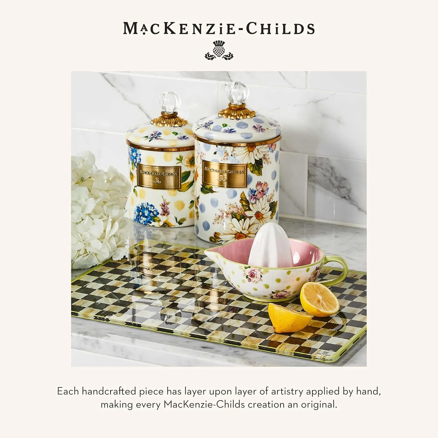 MACKENZIE-CHILDS Enamel Tea Kettle, Cute Kitchen Kettle for Stovetop, 2-Quart Capacity, Pink Wildflowers