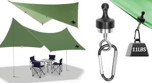 Magnetic Camping Hooks   Tarp with Poles, 10X15ft Tent Tarp, Tent Hanging Hook Organizer for Canopy Magnet Clip Hanger with Carabiner