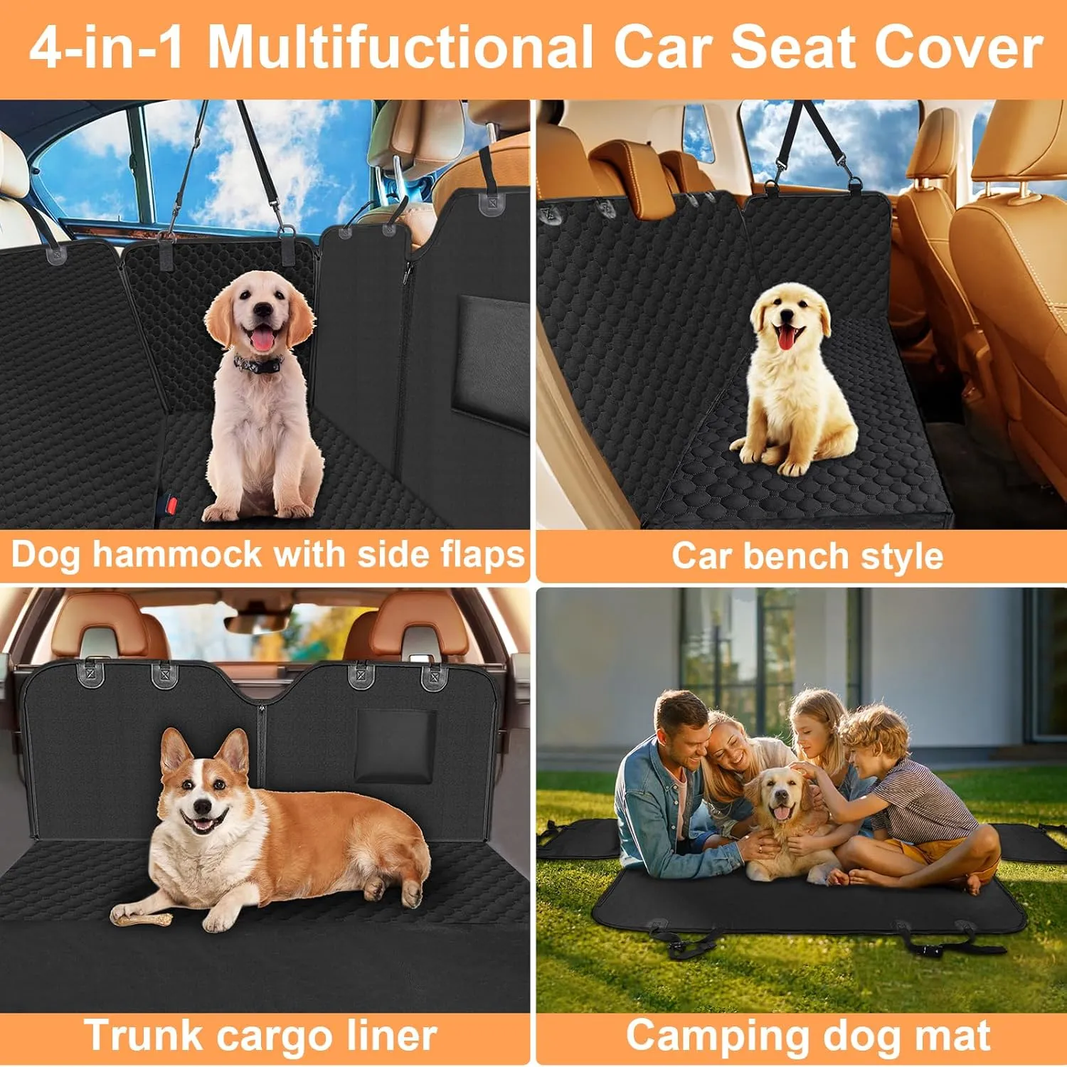 Mancro Dog Car Seat Cover for Back Seat, Waterproof Car Seat Protector for Dogs with Side Flaps, Scratchproof Car Seat Cover, Nonslip Dog Hammock for Sedans, SUVs, X-Large, All Black